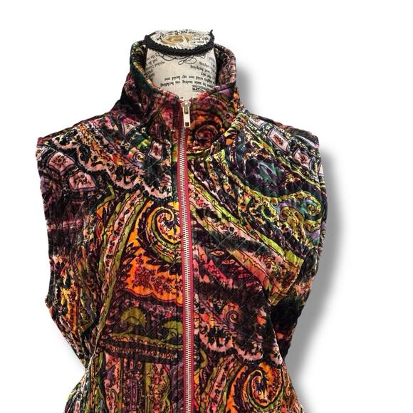 Chicos Size 2 (L) Velvet Paisley Colorful Zip Vest Jacket Art to wear Boho - Picture 2 of 5